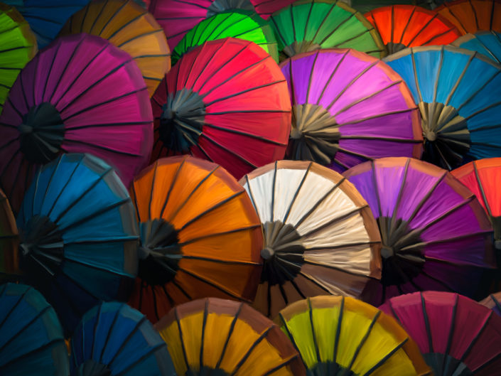 Painting of colorful parasols at Luang Prabang Market