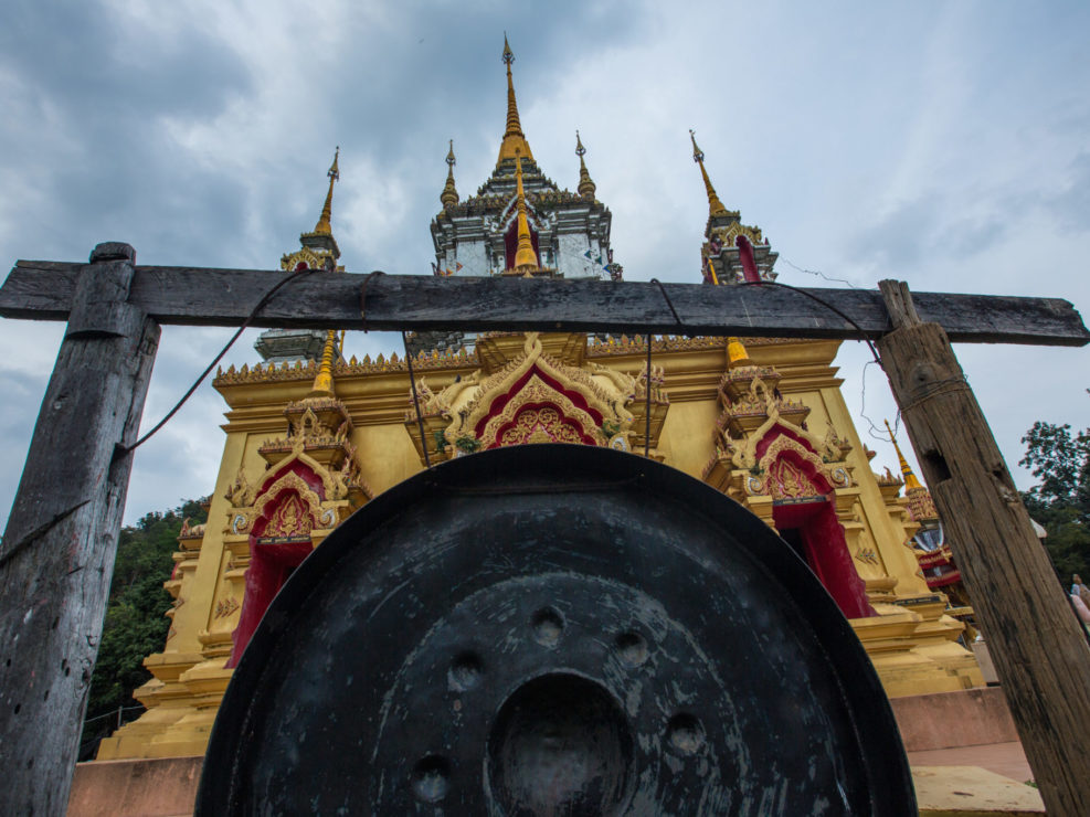 Large black gong in front of gold temple near Chiang Mai, Thaila