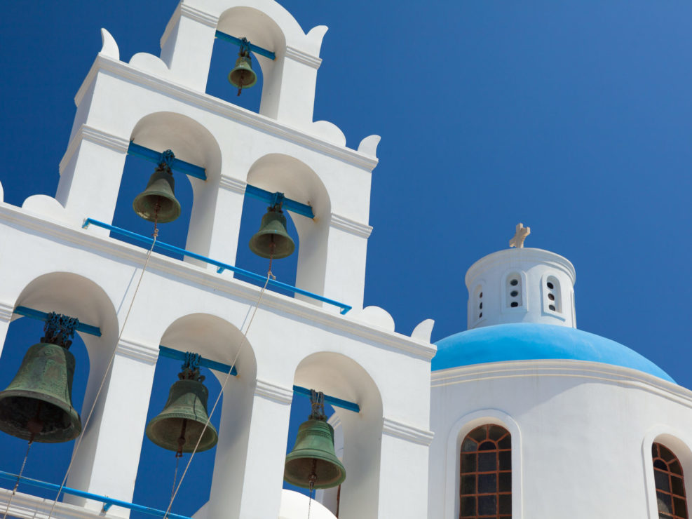 Belfry and Dome of Church in Santorini, Greece