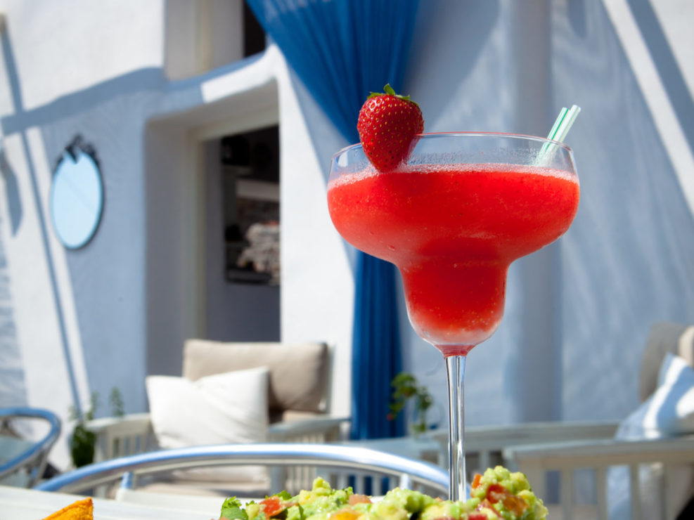 Strawberry Margarita Cocktails and Chips with Guacamole